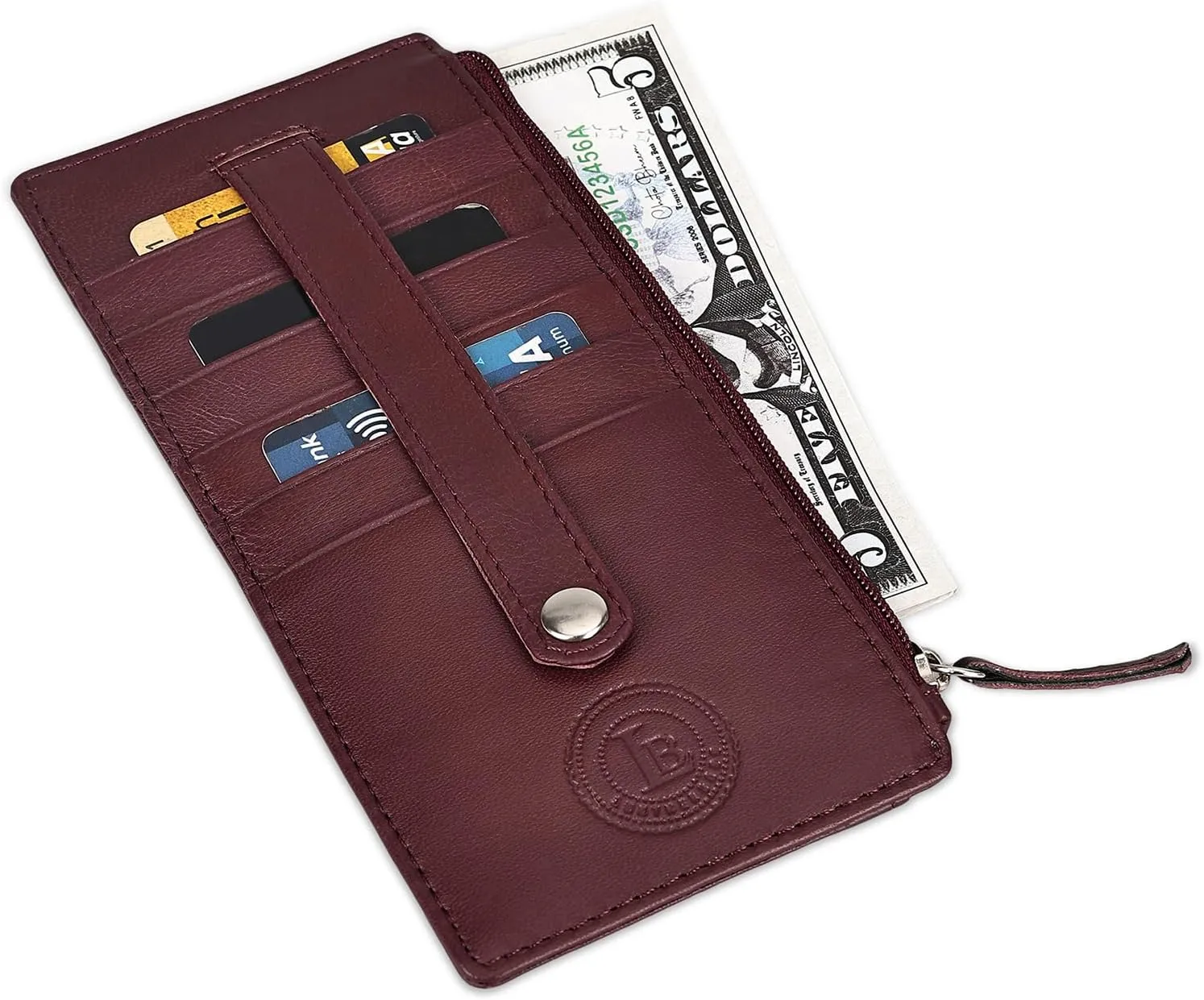 Leatherboss Genuine Leather Women's All in One Credit Business Card Case Holder Slim Zipper Wallet With a Card Protection Strap, Cherry