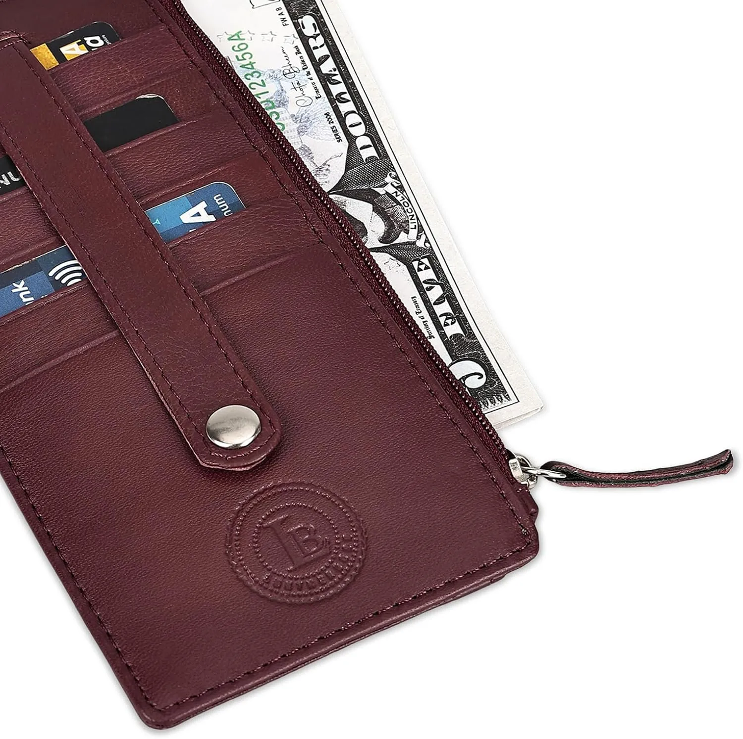 Leatherboss Genuine Leather Women's All in One Credit Business Card Case Holder Slim Zipper Wallet With a Card Protection Strap, Cherry