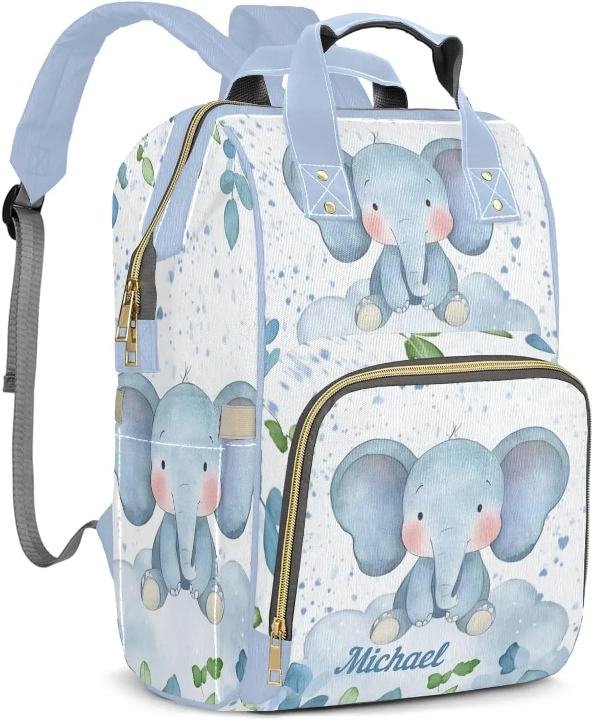 Leaves Elephant Personalized Large Capacity Diaper Bags,Custom Name Backpack Casual Daypack Bag Nappy Bag Gifts
