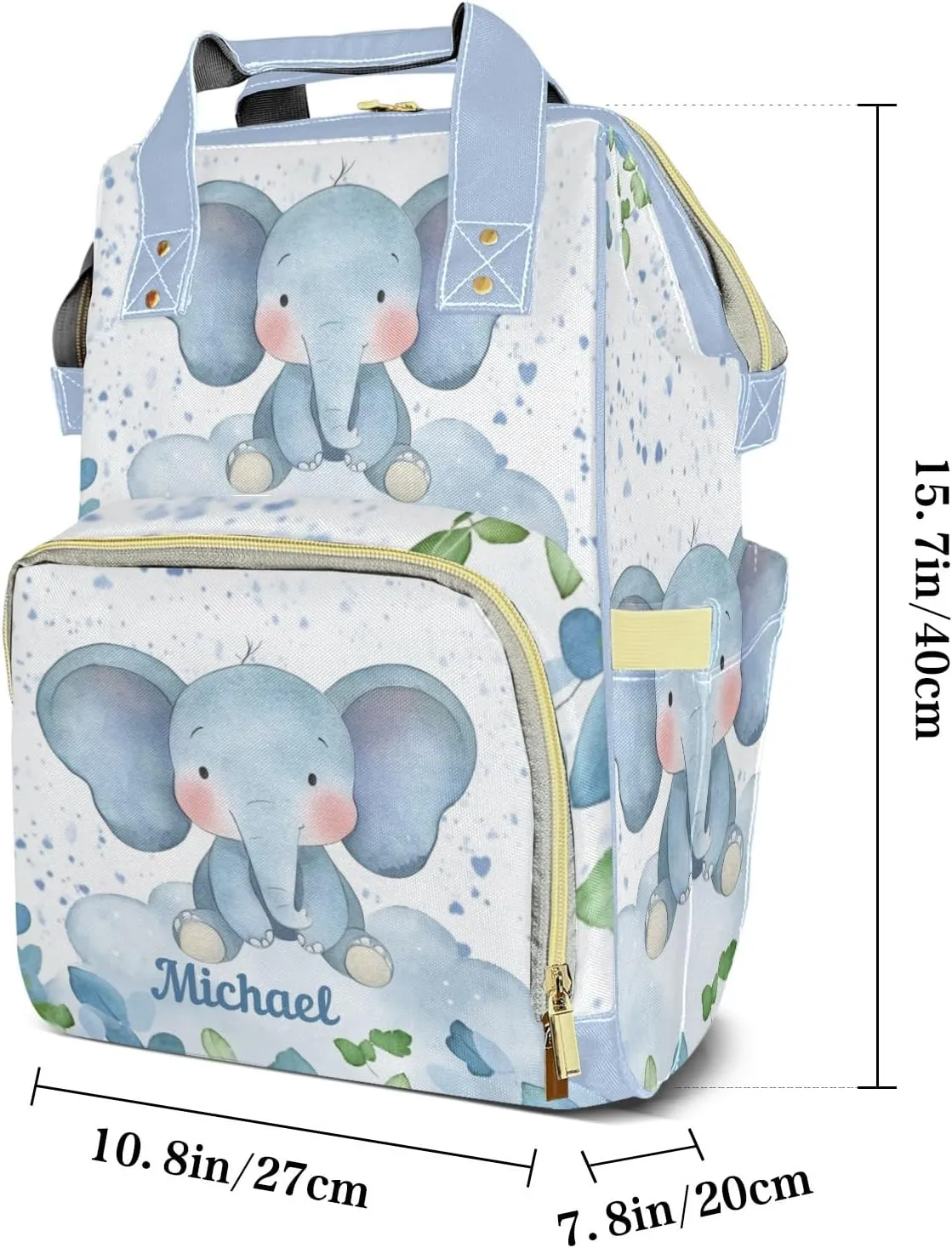 Leaves Elephant Personalized Large Capacity Diaper Bags,Custom Name Backpack Casual Daypack Bag Nappy Bag Gifts