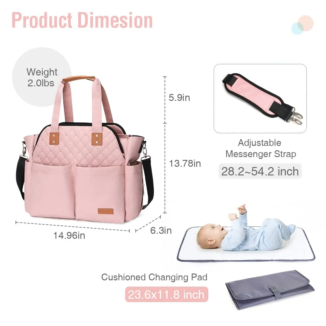 Lekebaby Diaper Bag Tote, Large Diaper Bags Waterproof,Large Mommy Bag for Hospital, Baby Bags for Mom Travel Diaper Tote Messenger Purse, Pink