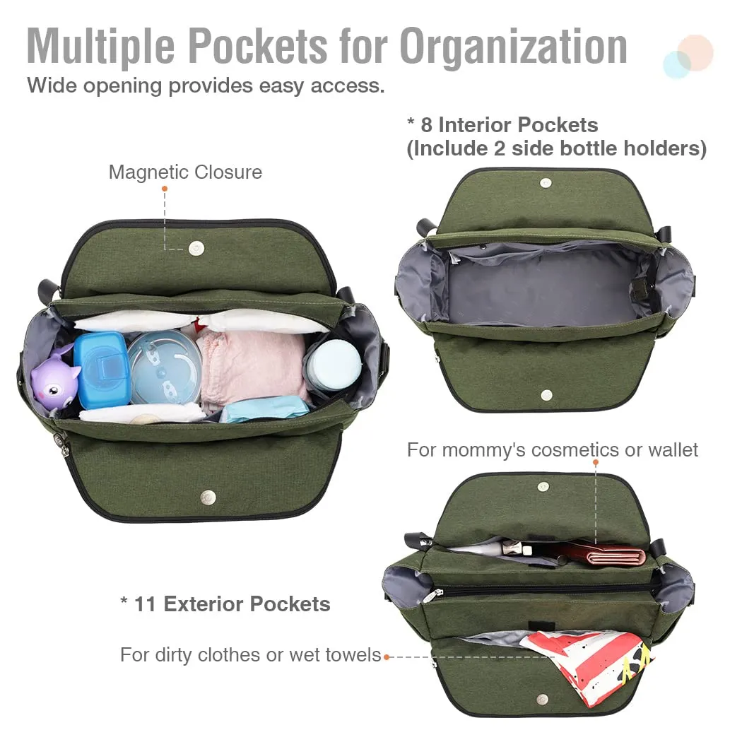 Lekebaby Diaper Tote - Large Waterproof Mommy Bag for Hospital, Travel, Green