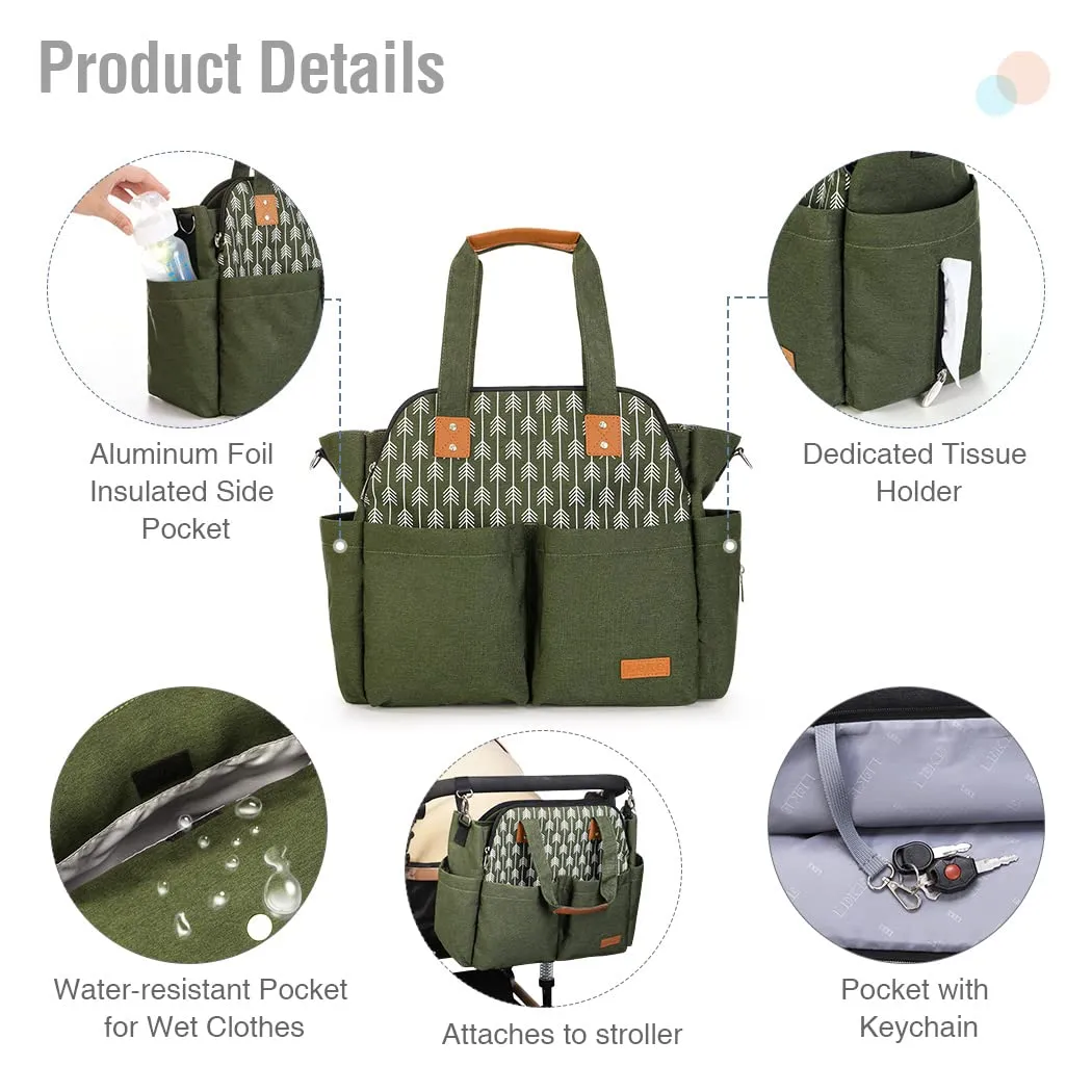 Lekebaby Diaper Tote - Large Waterproof Mommy Bag for Hospital, Travel, Green