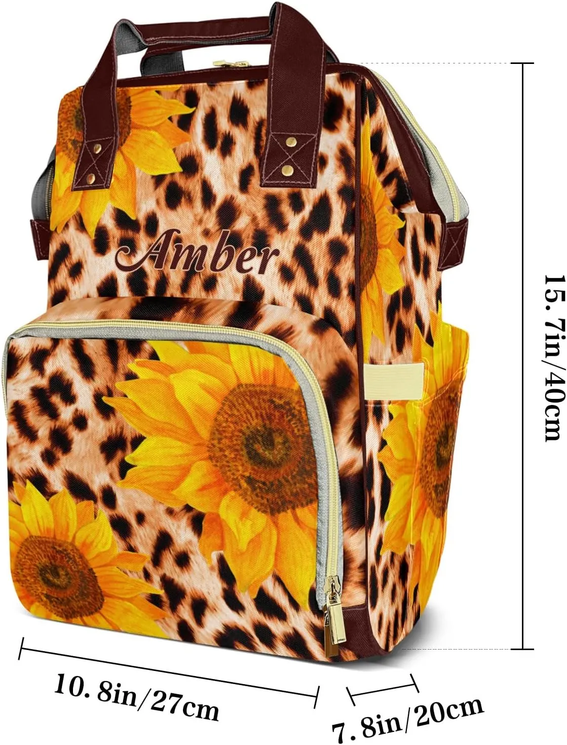 Leopard Print Art Sunflower Diaper Bags with Name Personalized Baby Bag Travel Tote Bag Waterproof Backpack for Mom Gift