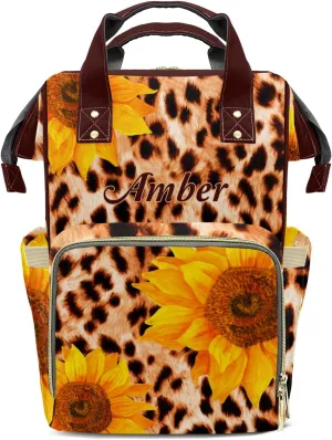 Leopard Print Art Sunflower Diaper Bags with Name Personalized Baby Bag Travel Tote Bag Waterproof Backpack for Mom Gift