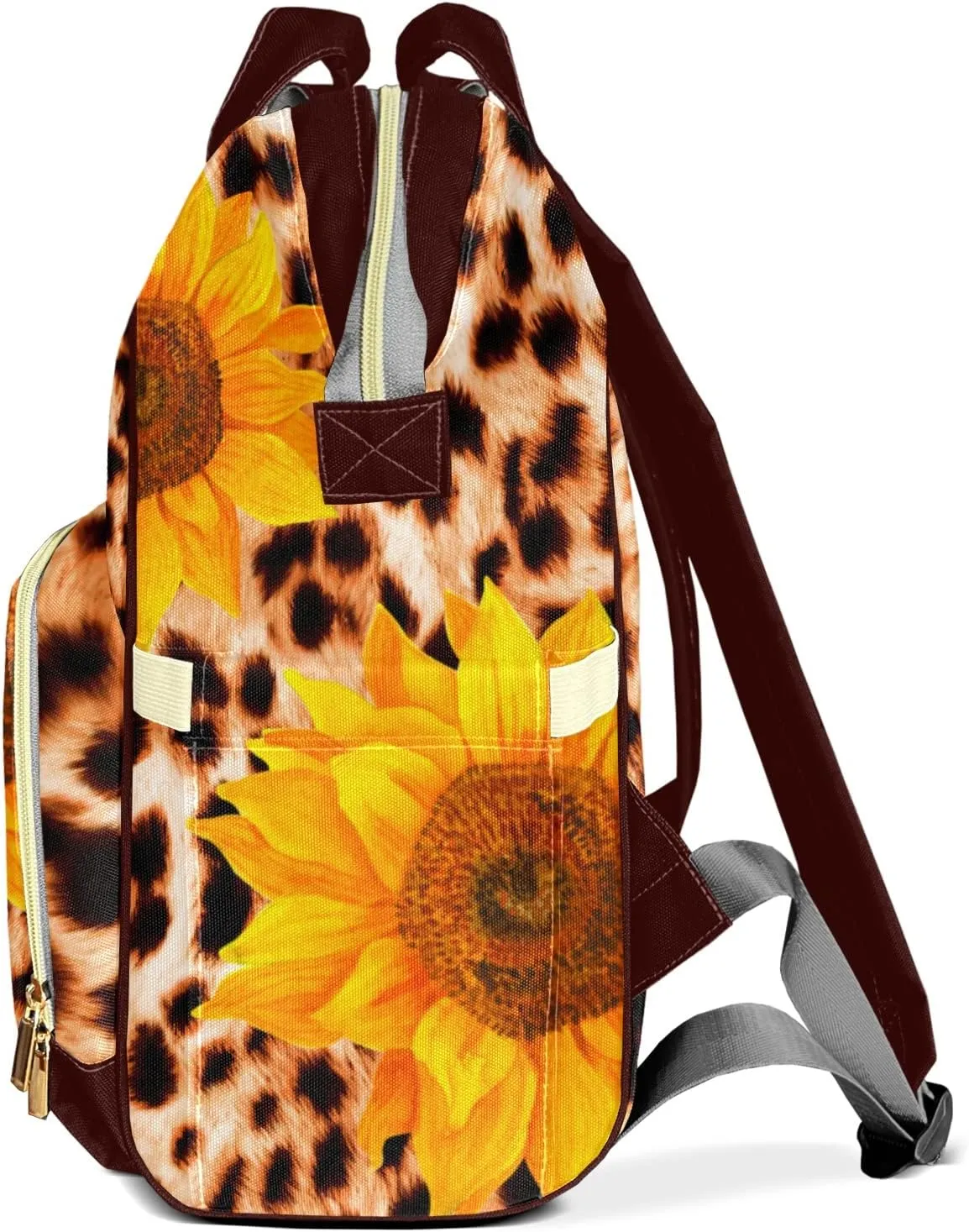 Leopard Print Art Sunflower Diaper Bags with Name Personalized Baby Bag Travel Tote Bag Waterproof Backpack for Mom Gift