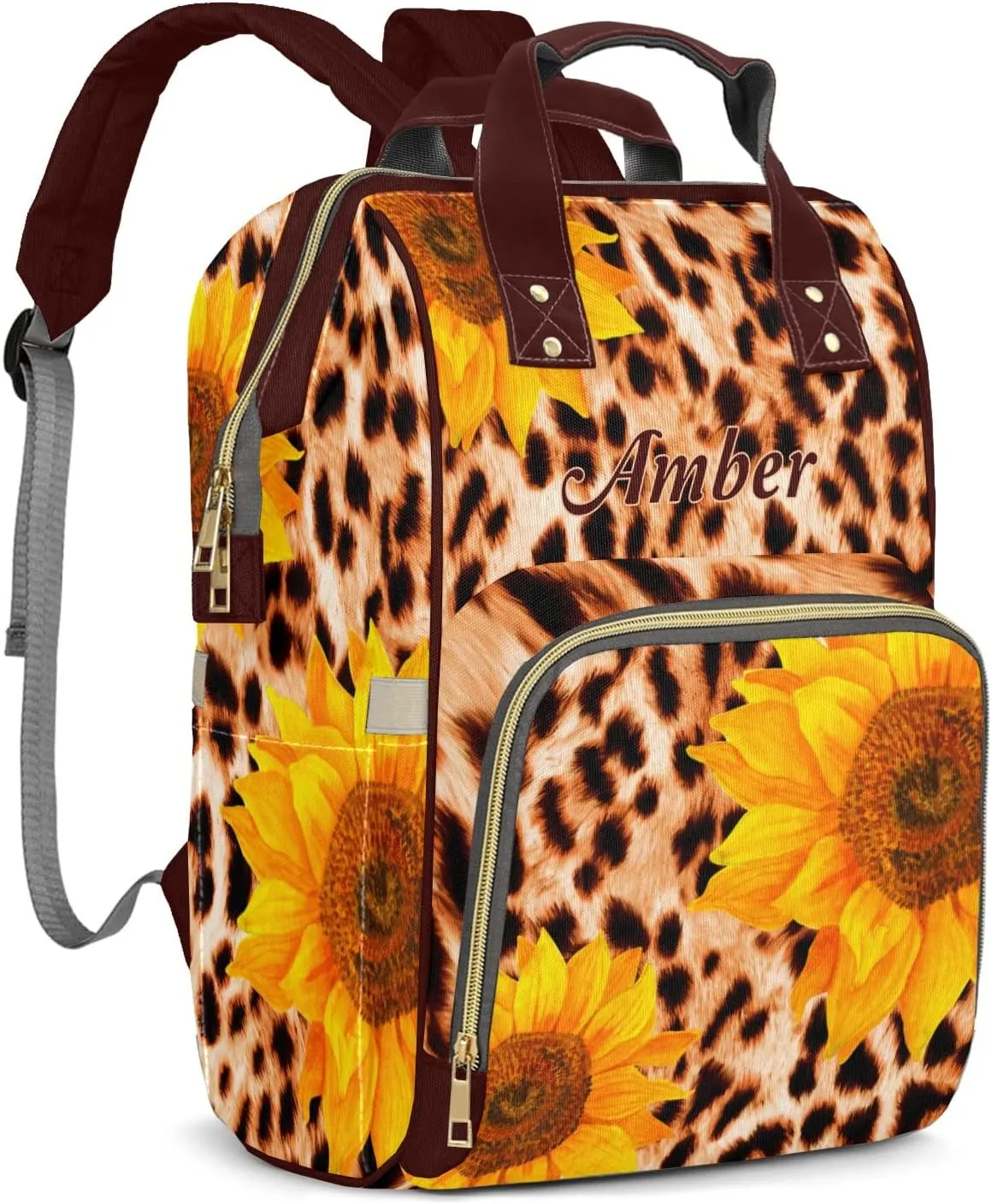 Leopard Print Art Sunflower Diaper Bags with Name Personalized Baby Bag Travel Tote Bag Waterproof Backpack for Mom Gift