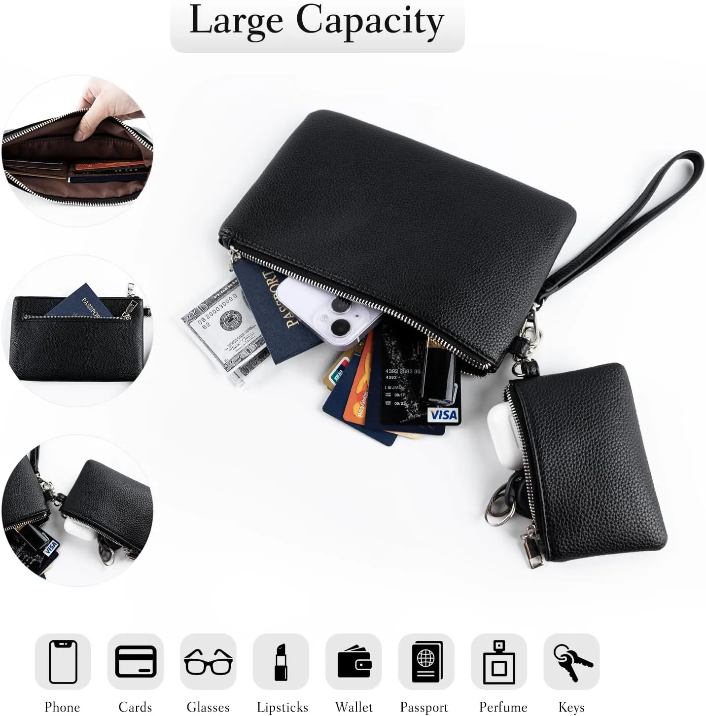 letech  Wristlet Wallet for Women Dual Pouch Wristlet Portable wallet Coin Purse Wristlet Clutch Wallet Purse Credit Card Holder Gifts for Women Ladies Female Black