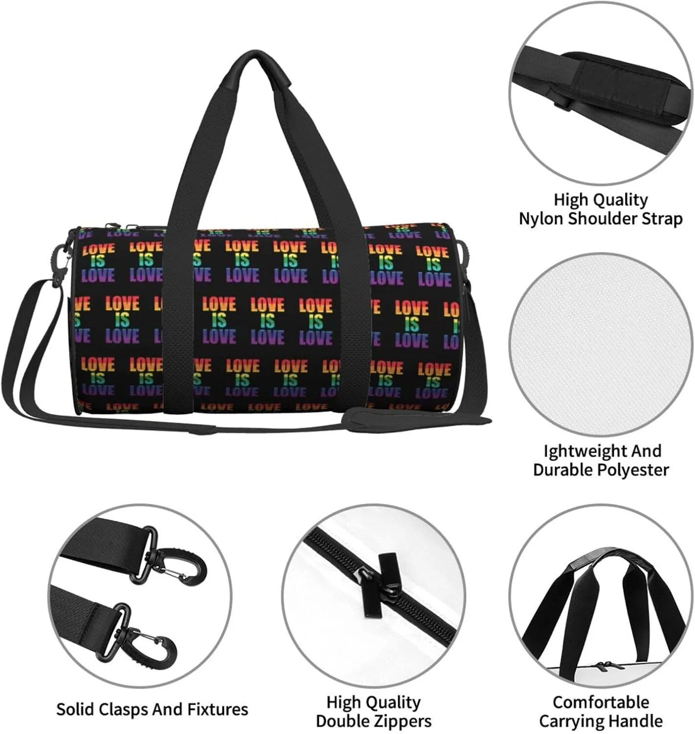 LGBT Pride Rainbow Gay Love Is Love Round Travel Duffel Bag Large Capacity Gym Sports Bags for Hiking Vacation Trips