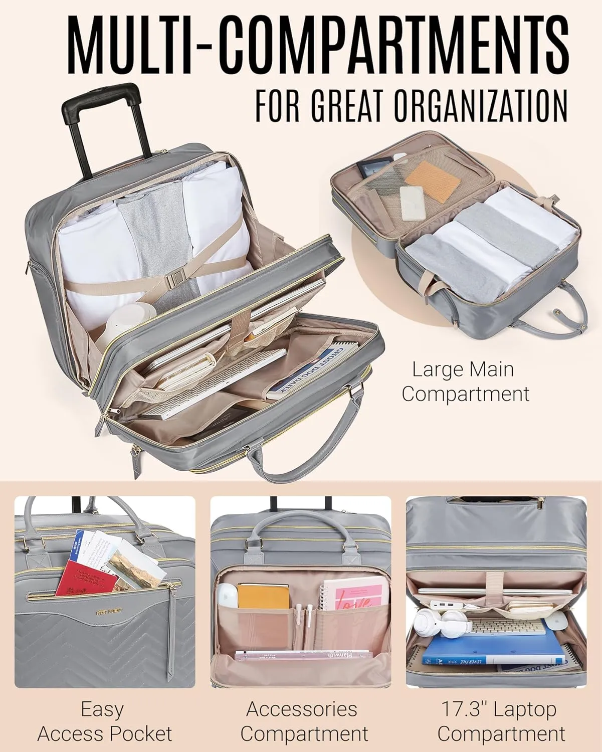 LIGHT FLIGHT Rolling Laptop Bag Rolling Briefcase for Women Computer Bag with Wheels Case for Carry on Travel Work Business