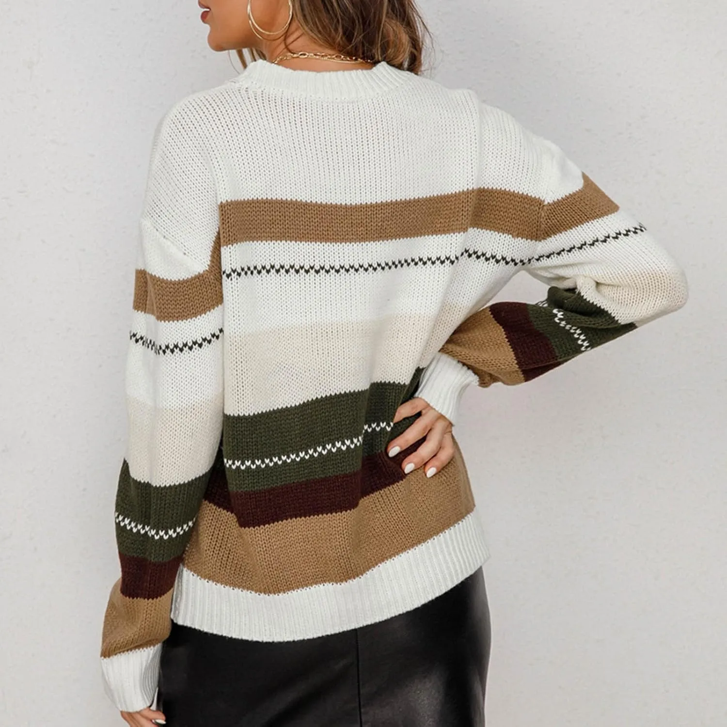 Lightweight Sweaters for Women 2024 Trendy Oversized Long Sleeve Crewneck Color Block Knitted Pullover Sweater