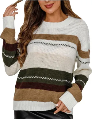 Lightweight Sweaters for Women 2024 Trendy Oversized Long Sleeve Crewneck Color Block Knitted Pullover Sweater