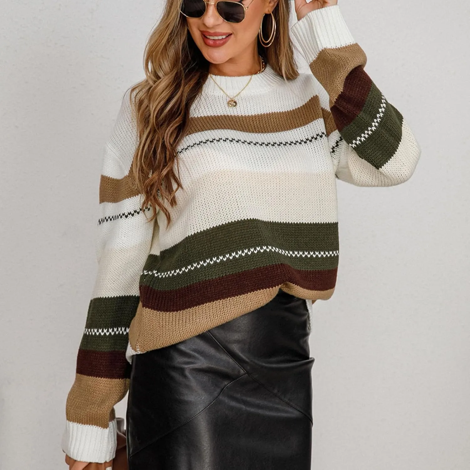 Lightweight Sweaters for Women 2024 Trendy Oversized Long Sleeve Crewneck Color Block Knitted Pullover Sweater