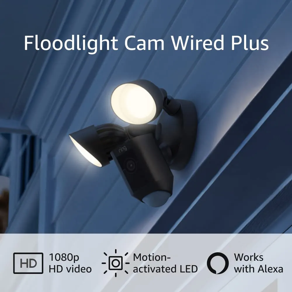 Like-New Ring Floodlight Cam Wired Plus with motion-activated 1080p HD video, Black (2021 release)