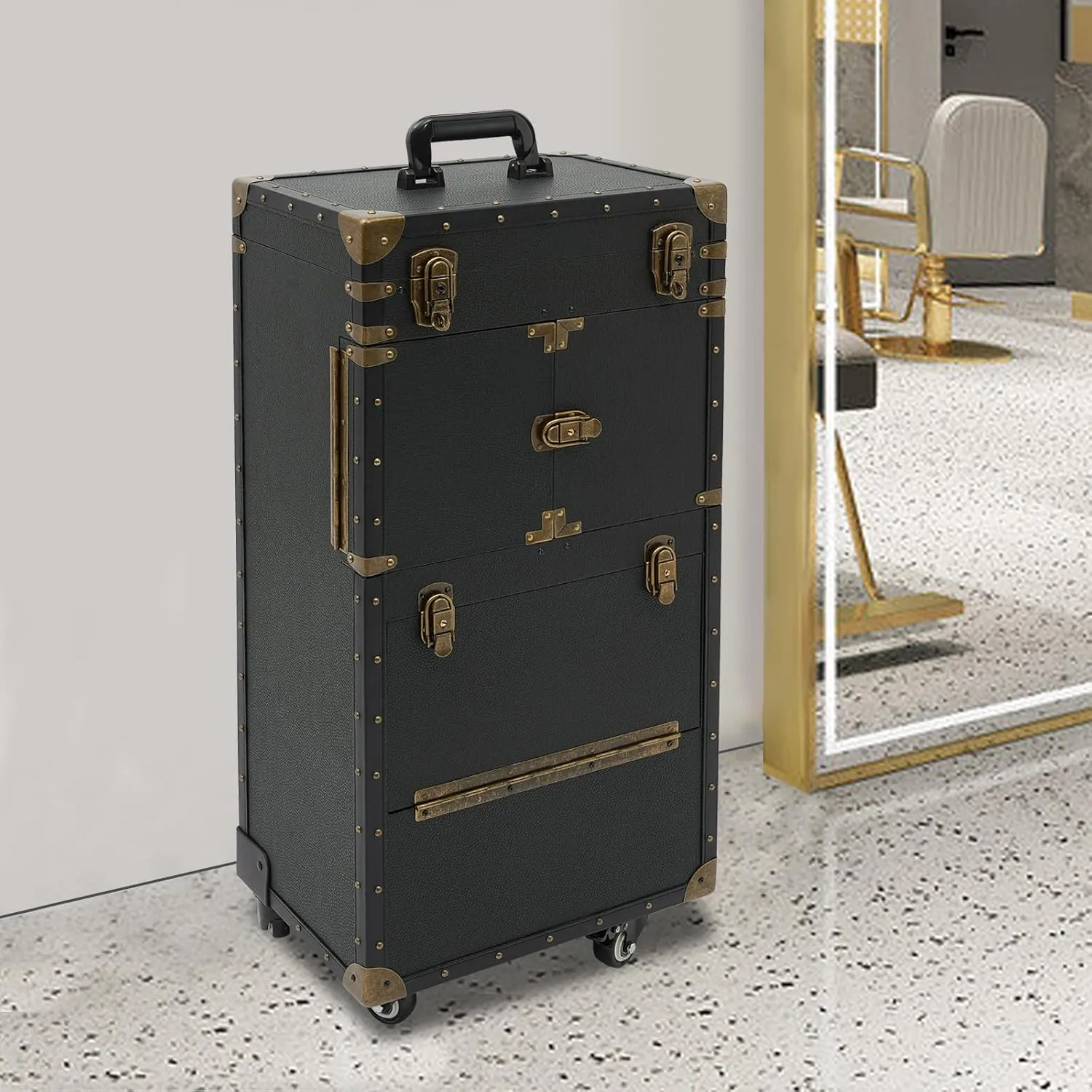 Lockable Makeup Train Case, 4 in 1 Makeup Rolling Train Case Professional Cosmetic Trolley Large Storage Organizer for Nail Tech Face Painting Hairstylist Makeup Artist (No Code Lock, Black)