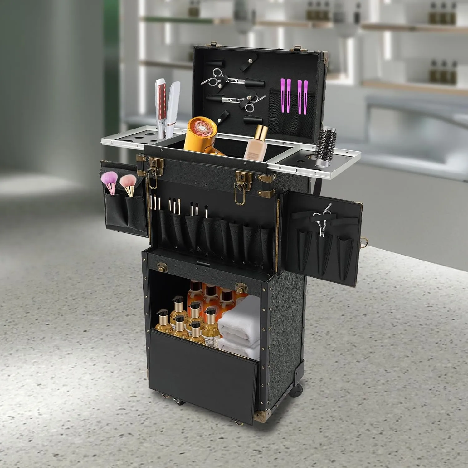 Lockable Makeup Train Case, 4 in 1 Makeup Rolling Train Case Professional Cosmetic Trolley Large Storage Organizer for Nail Tech Face Painting Hairstylist Makeup Artist (No Code Lock, Black)