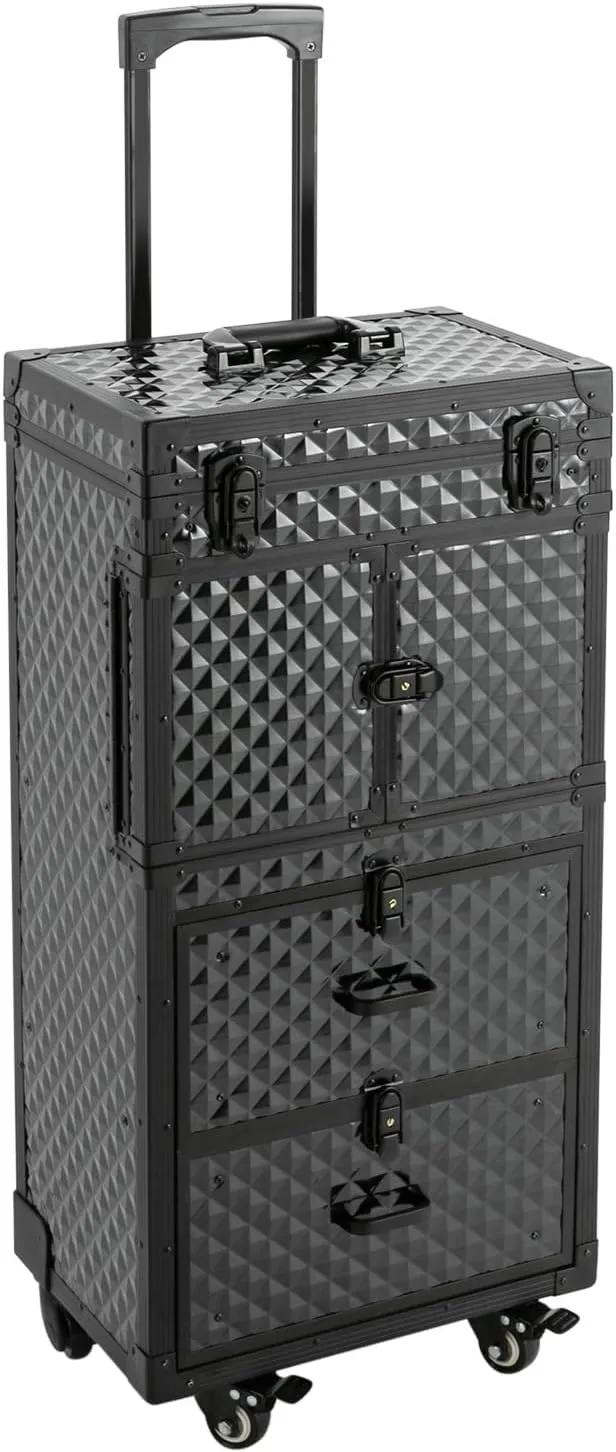 Lockable Makeup Train Case, 4 in 1 Makeup Rolling Train Case Professional Cosmetic Trolley Large Storage Organizer for Nail Tech Face Painting Hairstylist Makeup Artist (With Code Lock, Black)