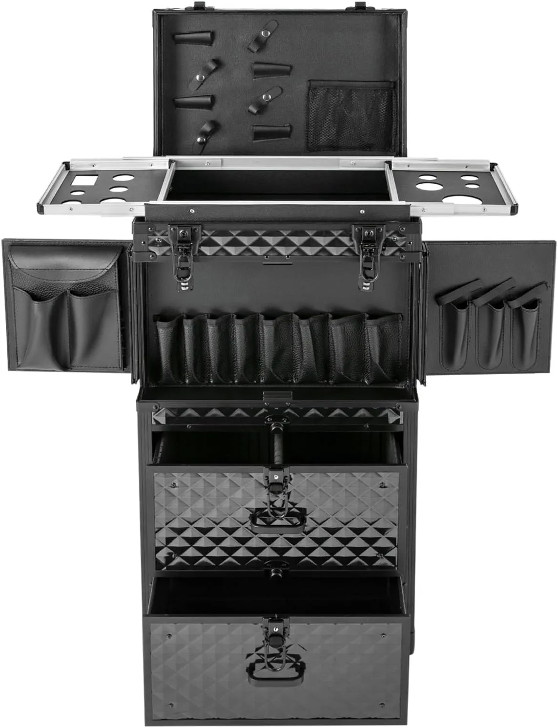 Lockable Makeup Train Case, 4 in 1 Makeup Rolling Train Case Professional Cosmetic Trolley Large Storage Organizer for Nail Tech Face Painting Hairstylist Makeup Artist (With Code Lock, Black)