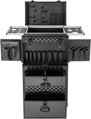 Lockable Makeup Train Case, 4 in 1 Makeup Rolling Train Case Professional Cosmetic Trolley Large Storage Organizer for Nail Tech Face Painting Hairstylist Makeup Artist (With Code Lock, Black)