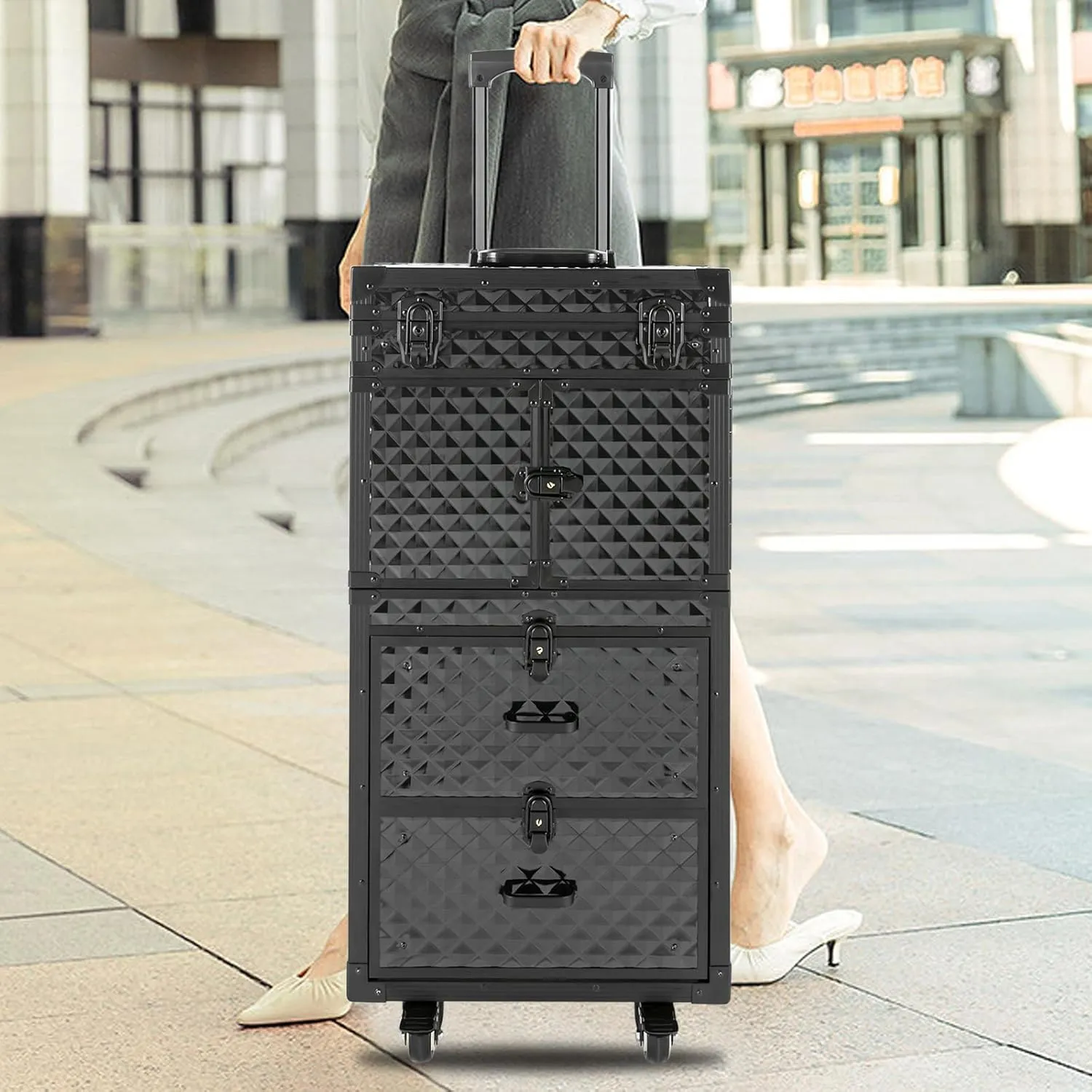 Lockable Makeup Train Case, 4 in 1 Makeup Rolling Train Case Professional Cosmetic Trolley Large Storage Organizer for Nail Tech Face Painting Hairstylist Makeup Artist (With Code Lock, Black)
