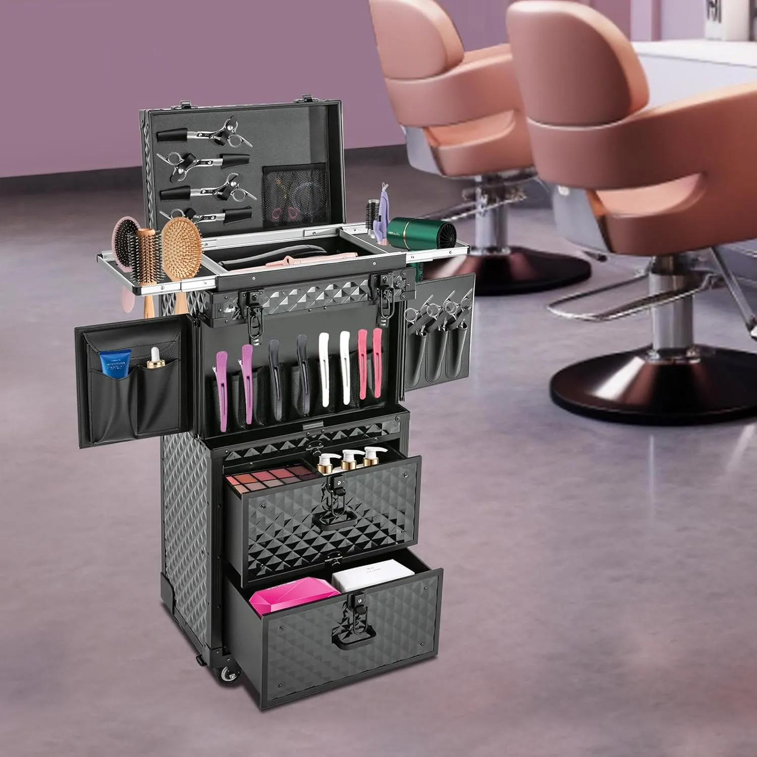 Lockable Makeup Train Case, 4 in 1 Makeup Rolling Train Case Professional Cosmetic Trolley Large Storage Organizer for Nail Tech Face Painting Hairstylist Makeup Artist (With Code Lock, Black)