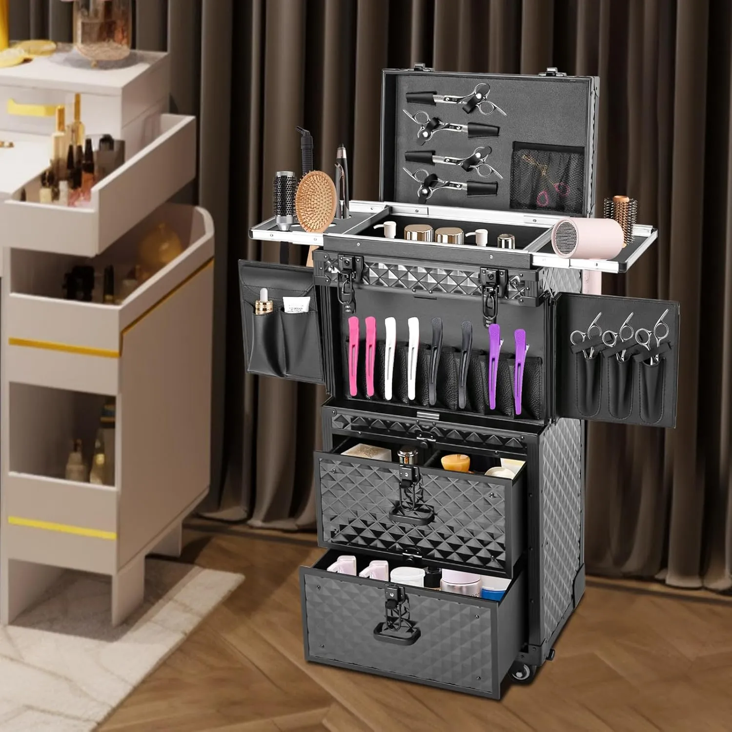 Lockable Makeup Train Case, 4 in 1 Makeup Rolling Train Case Professional Cosmetic Trolley Large Storage Organizer for Nail Tech Face Painting Hairstylist Makeup Artist (With Code Lock, Black)