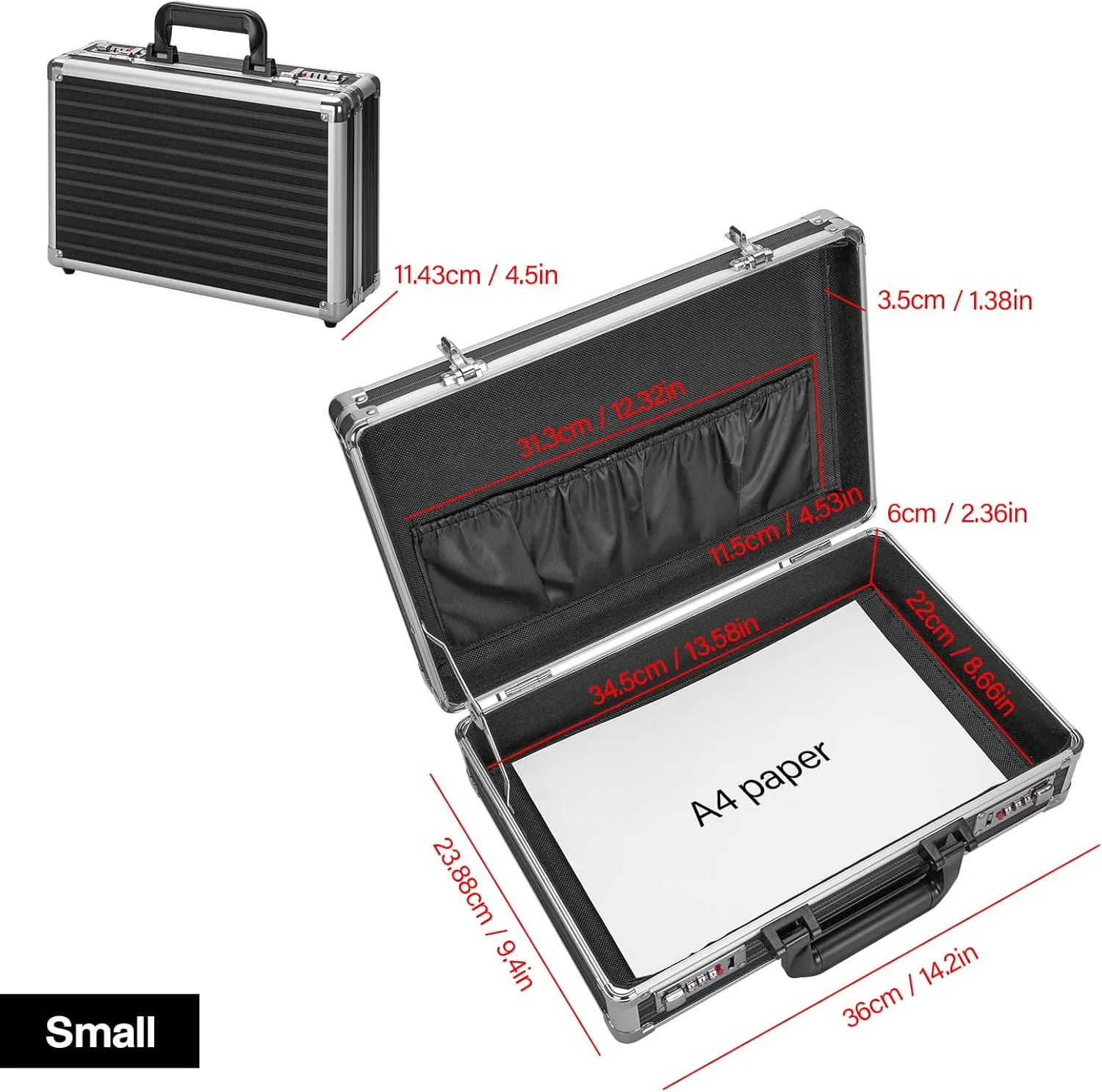 Locking Briefcase - Lockable Attache Case for Laptop & Documents, Dual Combination Locks, 14.2 “x9.4 ”x4.5 Business Aluminum Frame Hard Case for Professionals, Businessmen, Lawyers - Black