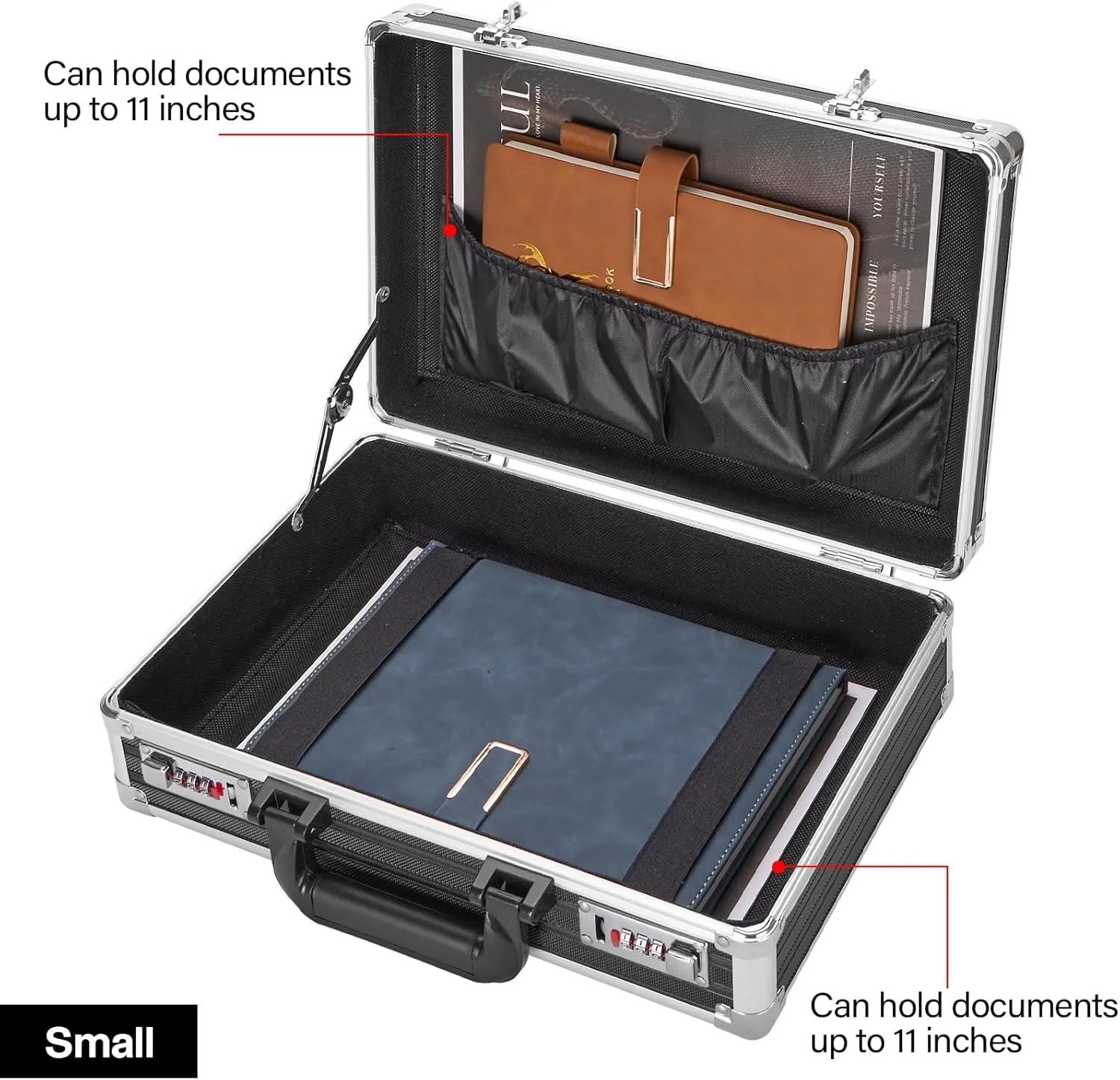 Locking Briefcase - Lockable Attache Case for Laptop & Documents, Dual Combination Locks, 14.2 “x9.4 ”x4.5 Business Aluminum Frame Hard Case for Professionals, Businessmen, Lawyers - Black