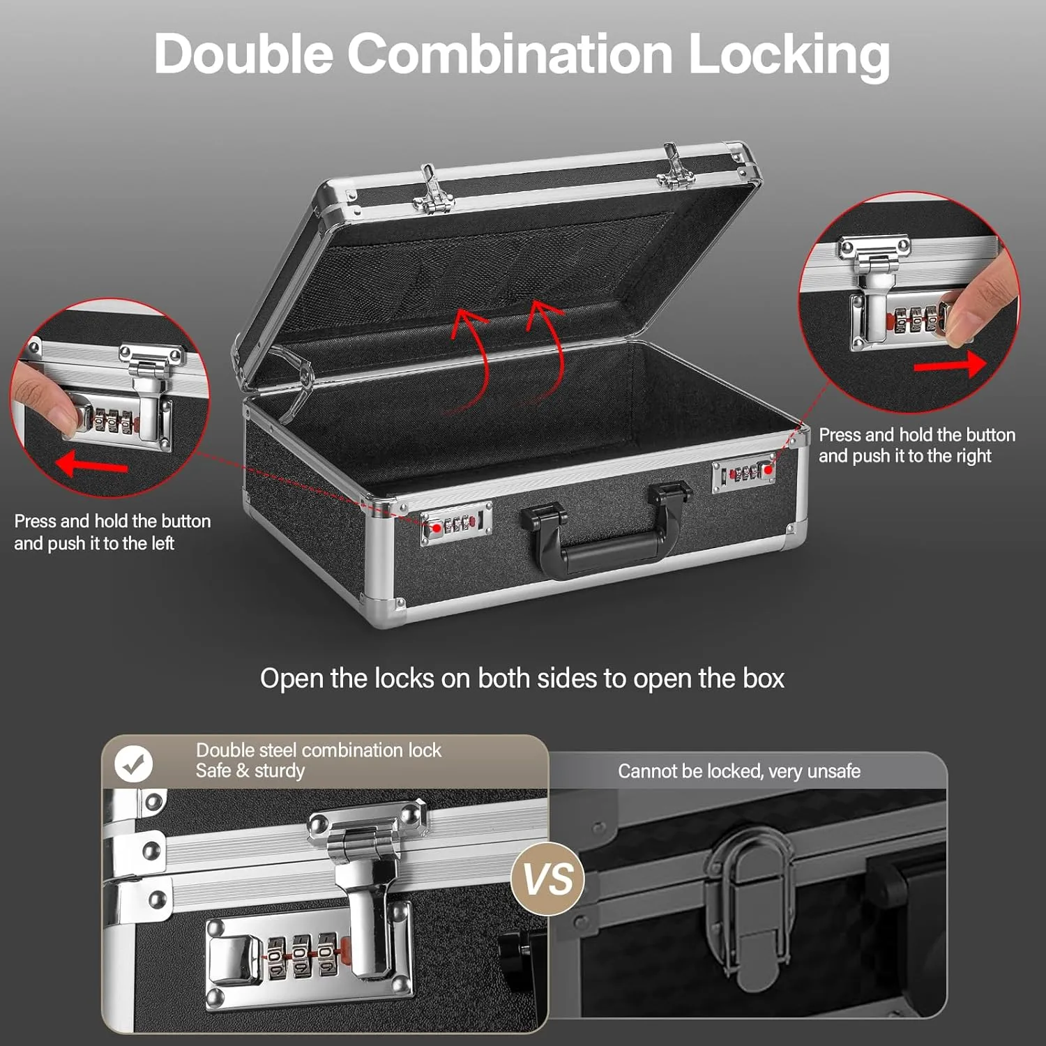 Locking Briefcase - Lockable Attache Case for Laptop & Documents, Dual Combination Locks, 14.2 “x9.4 ”x4.5 Business Aluminum Frame Hard Case for Professionals, Businessmen, Lawyers - Black