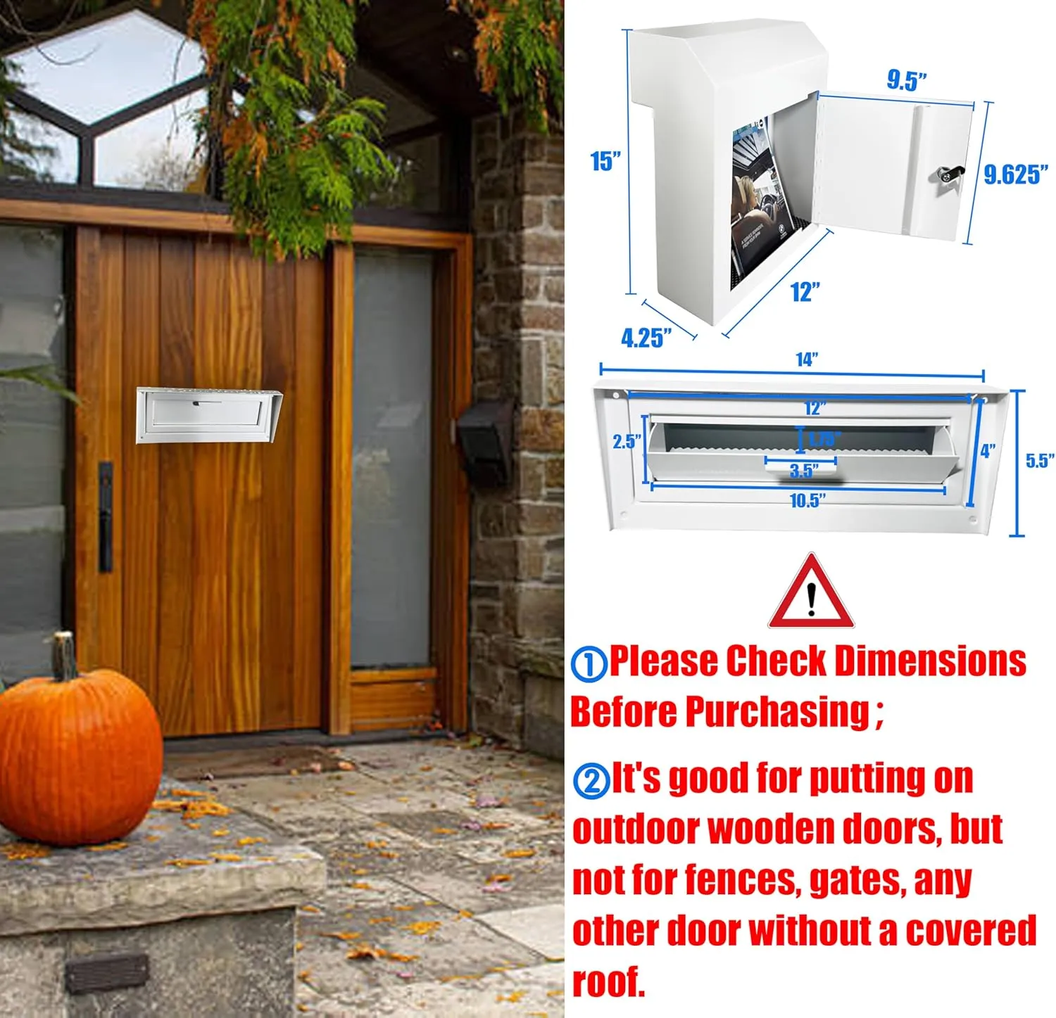 Locking Mailbox Drop Box with Rain Cover, Heavy-Duty Galvanized Steel, Door Mounted Secure Mailbox for Keys, Cash, Checks, Deposits & Letters – Safe Mail Drop Box for Home/Office, White