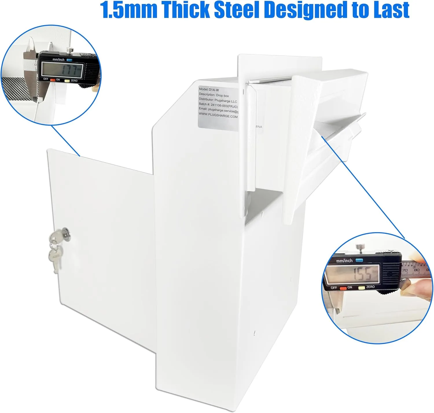 Locking Mailbox Drop Box with Rain Cover, Heavy-Duty Galvanized Steel, Door Mounted Secure Mailbox for Keys, Cash, Checks, Deposits & Letters – Safe Mail Drop Box for Home/Office, White