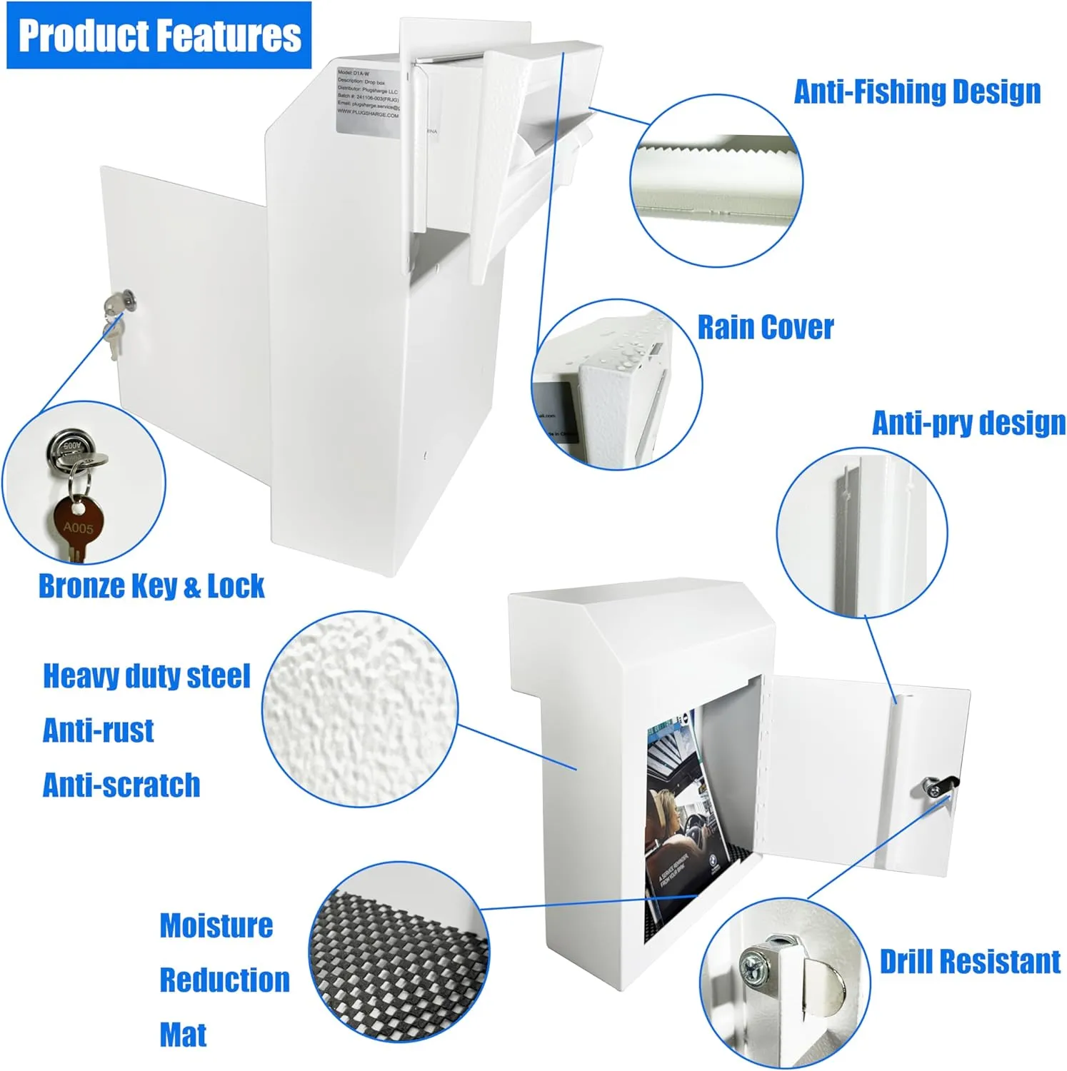 Locking Mailbox Drop Box with Rain Cover, Heavy-Duty Galvanized Steel, Door Mounted Secure Mailbox for Keys, Cash, Checks, Deposits & Letters – Safe Mail Drop Box for Home/Office, White