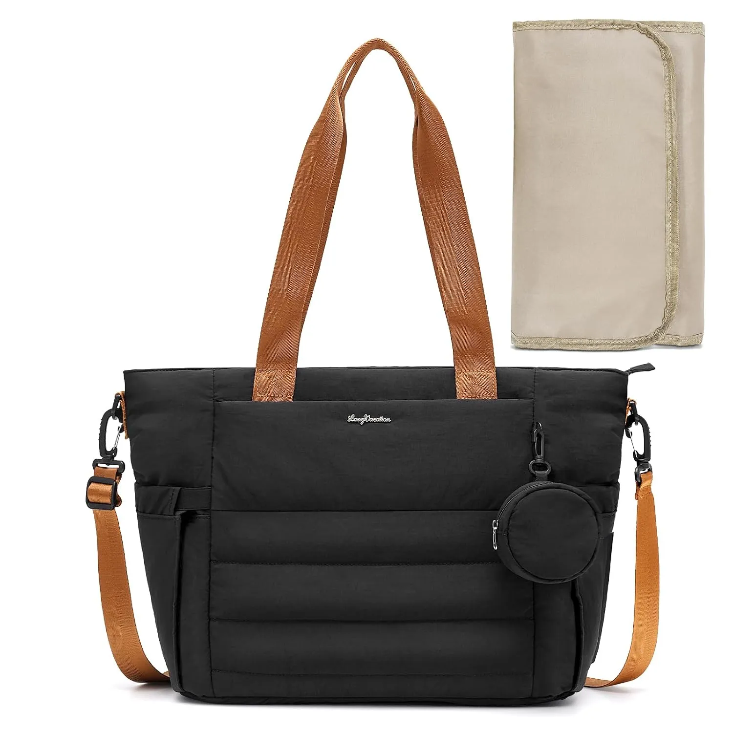 LONG VACATION Diaper Bag Tote Large Baby Diaper Tote Waterproof Travel Tote with Pacifier Case And Changing Pad (Black-brown)