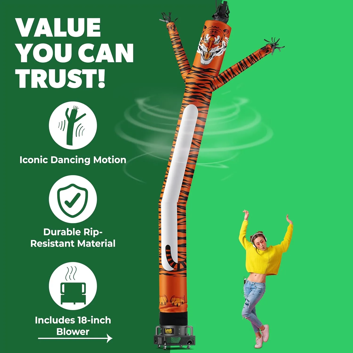 LookOurWay Air Dancers Wacky Waving Inflatable Tube Man Set - 20 Feet Tall Inflatable Dancing Man with Blower for Business Advertising - Mascot Character Animal Themed - Tiger