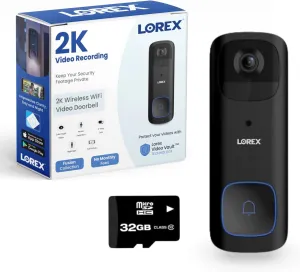 Lorex 2K Wi-Fi Smart Video Doorbell Security Camera, Black – Includes 32 GB Micro SD, No Subscription Fee - Smart Security Lighting, Night Vision, Motion Detection, Battery Powered, IP65 Weatherproof
