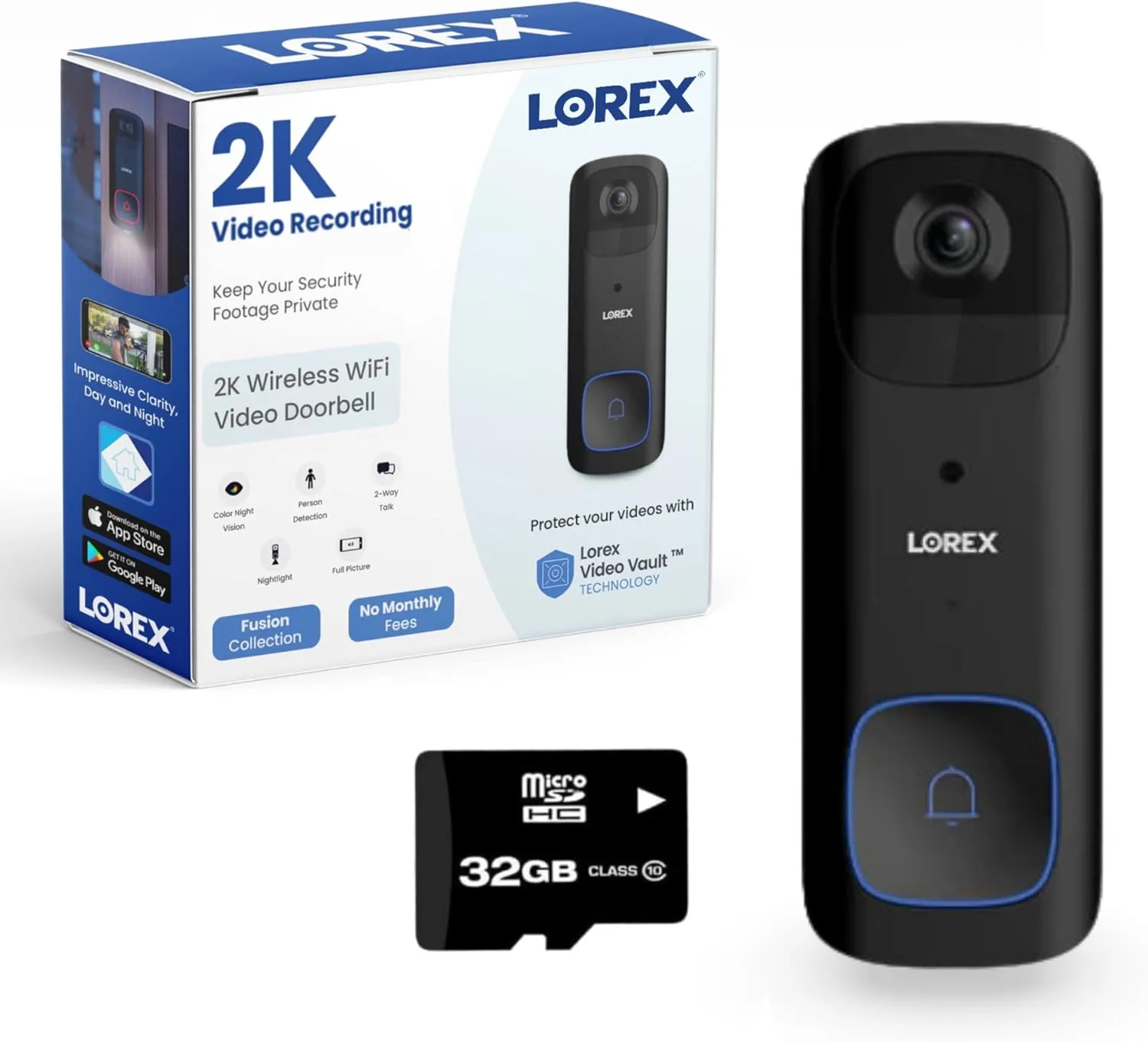 Lorex 2K Wi-Fi Smart Video Doorbell Security Camera, Black – Includes 32 GB Micro SD, No Subscription Fee - Smart Security Lighting, Night Vision, Motion Detection, Battery Powered, IP65 Weatherproof