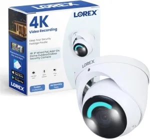 Lorex 4K IP Wired PoE Add-On Dome Outdoor/Indoor Security Camera - Smart Security Lighting, Smart Motion Detection, Deterrence Siren, Color Night Vision Booster, 2-Way Talk, [Requires Recorder]