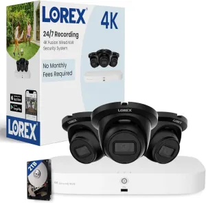 Lorex Fusion 4K Security Camera System 2TB NVR – 16 Channel (8 Wired & 8 WiFi) PoE Security System, 3 Dome IP Cameras, Black - Color Night Vision
