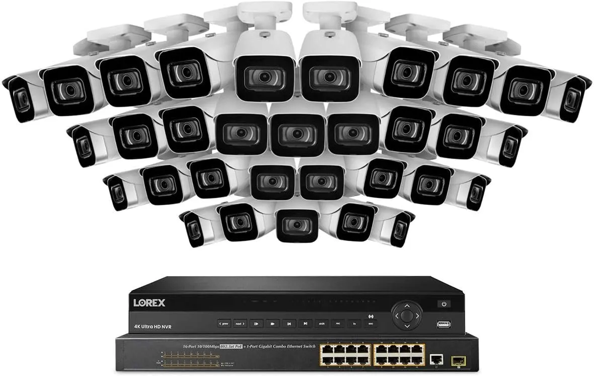 Lorex NC4K8-3232WB 32 Channel 4K Surveillance System with N882A38B 8TB 4K Fusion NVR, 16 Port ACCLPS263B POE Switch and 32 E841CA-E 8MP White Bullet Cameras