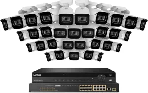 Lorex NC4K8-3232WB 32 Channel 4K Surveillance System with N882A38B 8TB 4K Fusion NVR, 16 Port ACCLPS263B POE Switch and 32 E841CA-E 8MP White Bullet Cameras