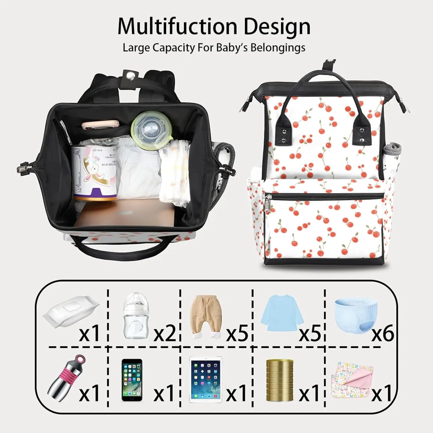Lovely Cute Cherry Waterproof Diaper Bag Backpack Large Capacity Baby Bag with Stroller Straps, Multi-Pocket Diaper Bag Unisex Baby Travel Essentials Shower Gift