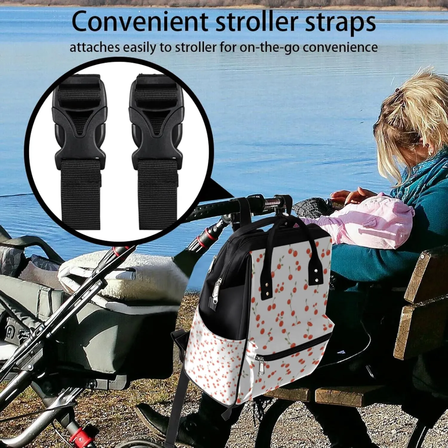 Lovely Cute Cherry Waterproof Diaper Bag Backpack Large Capacity Baby Bag with Stroller Straps, Multi-Pocket Diaper Bag Unisex Baby Travel Essentials Shower Gift