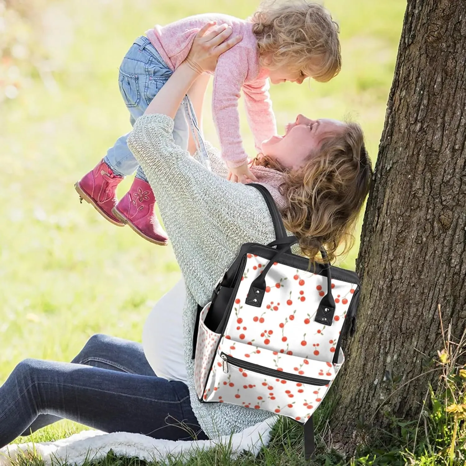 Lovely Cute Cherry Waterproof Diaper Bag Backpack Large Capacity Baby Bag with Stroller Straps, Multi-Pocket Diaper Bag Unisex Baby Travel Essentials Shower Gift