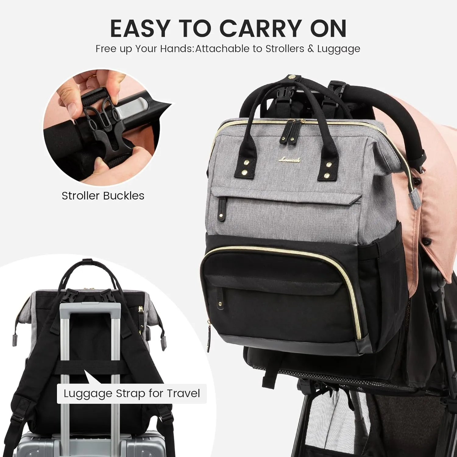 LOVEVOOK Diaper Bag Backpack, Baby Bag with Changing Station, Large Diaper Backpack for Mom Dads, Waterproof Leather Mommy Bag for Boy and Girl, Travel Essential Baby Shower, Black-Grey