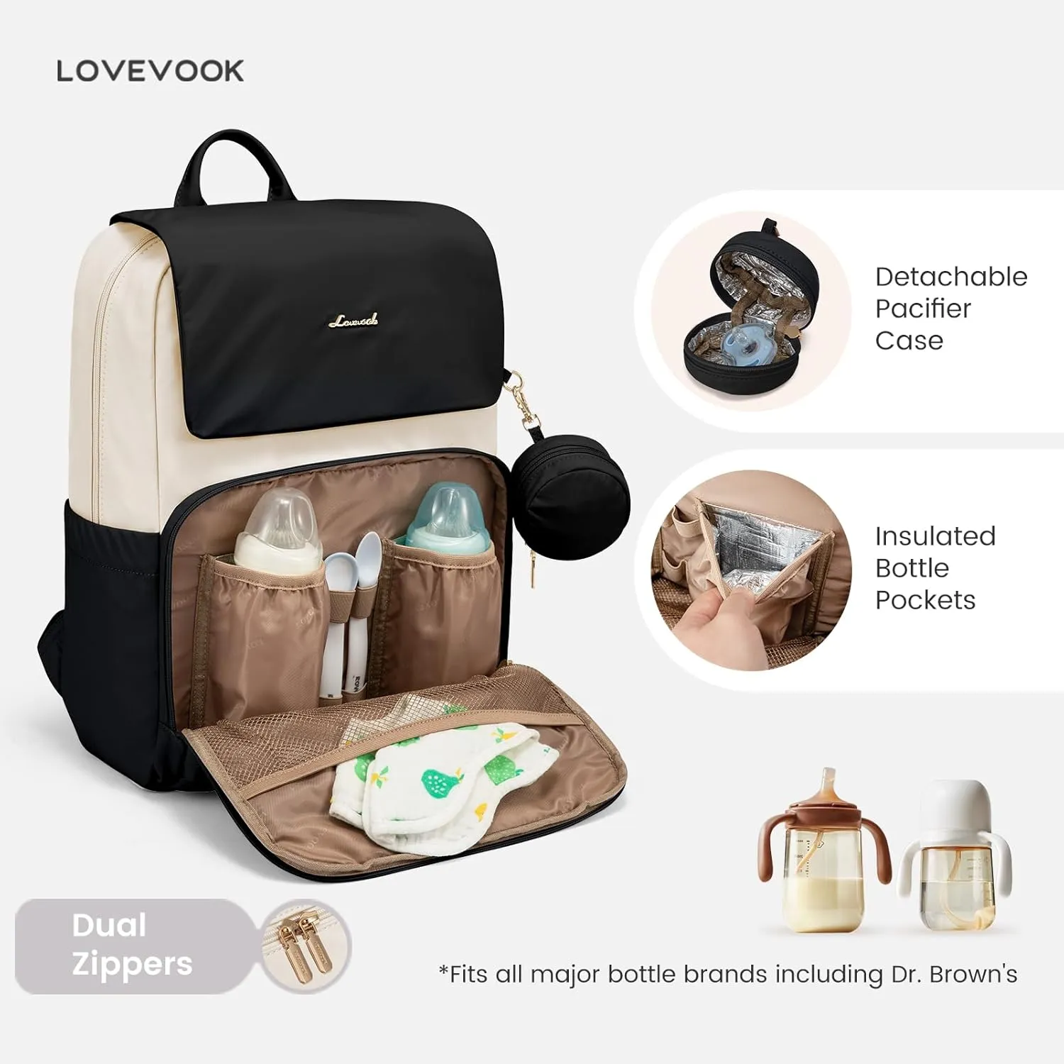 LOVEVOOK Diaper Bag Backpack, Baby Travel Bags for Boys & Girl, Toddler Diaper Bag with Changing Station & Pacifier Case (Black- Beige, 15.6 inch)