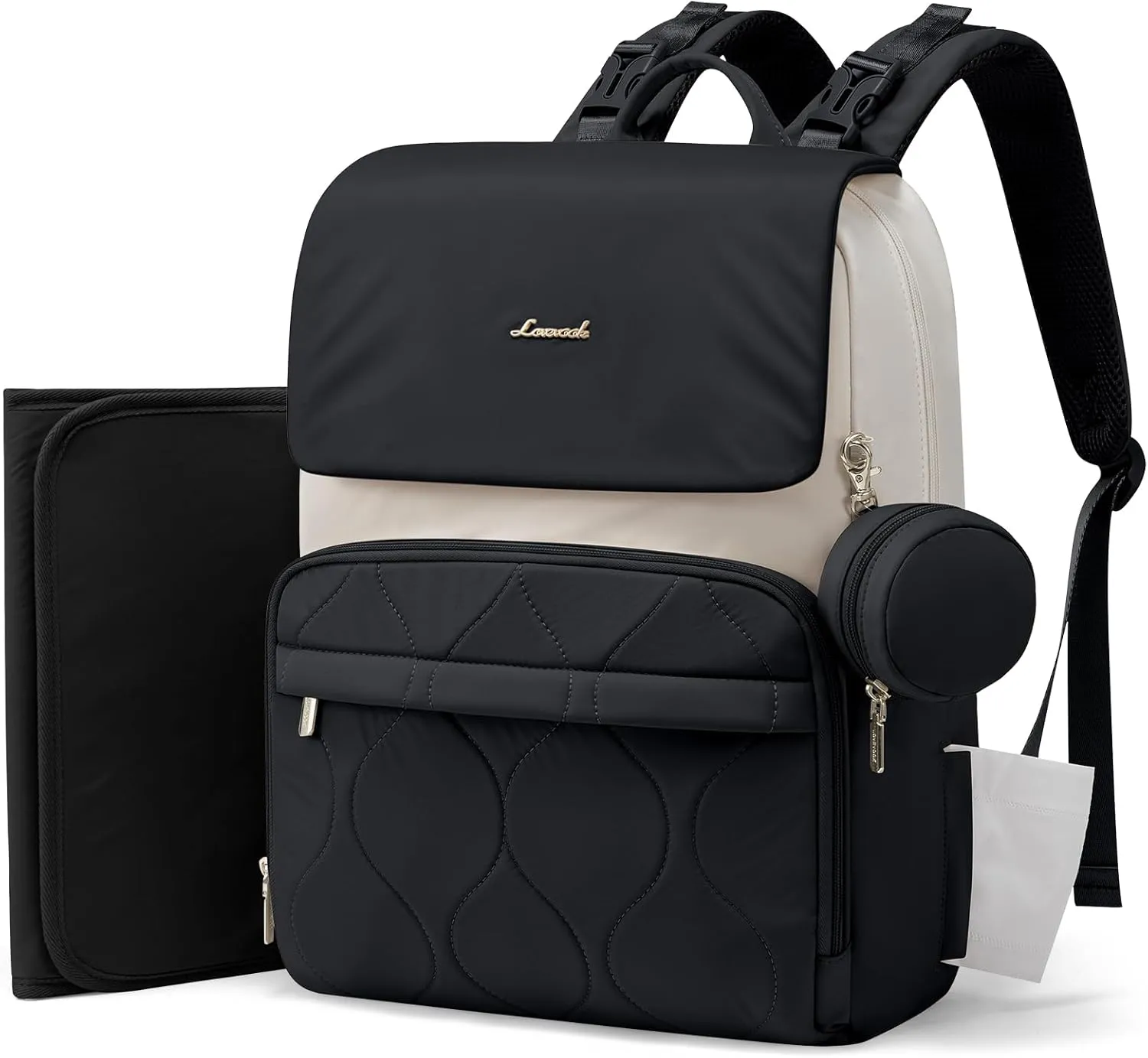 LOVEVOOK Diaper Bag Backpack, Baby Travel Bags for Boys & Girl, Toddler Diaper Bag with Changing Station & Pacifier Case (Black- Beige, 15.6 inch)