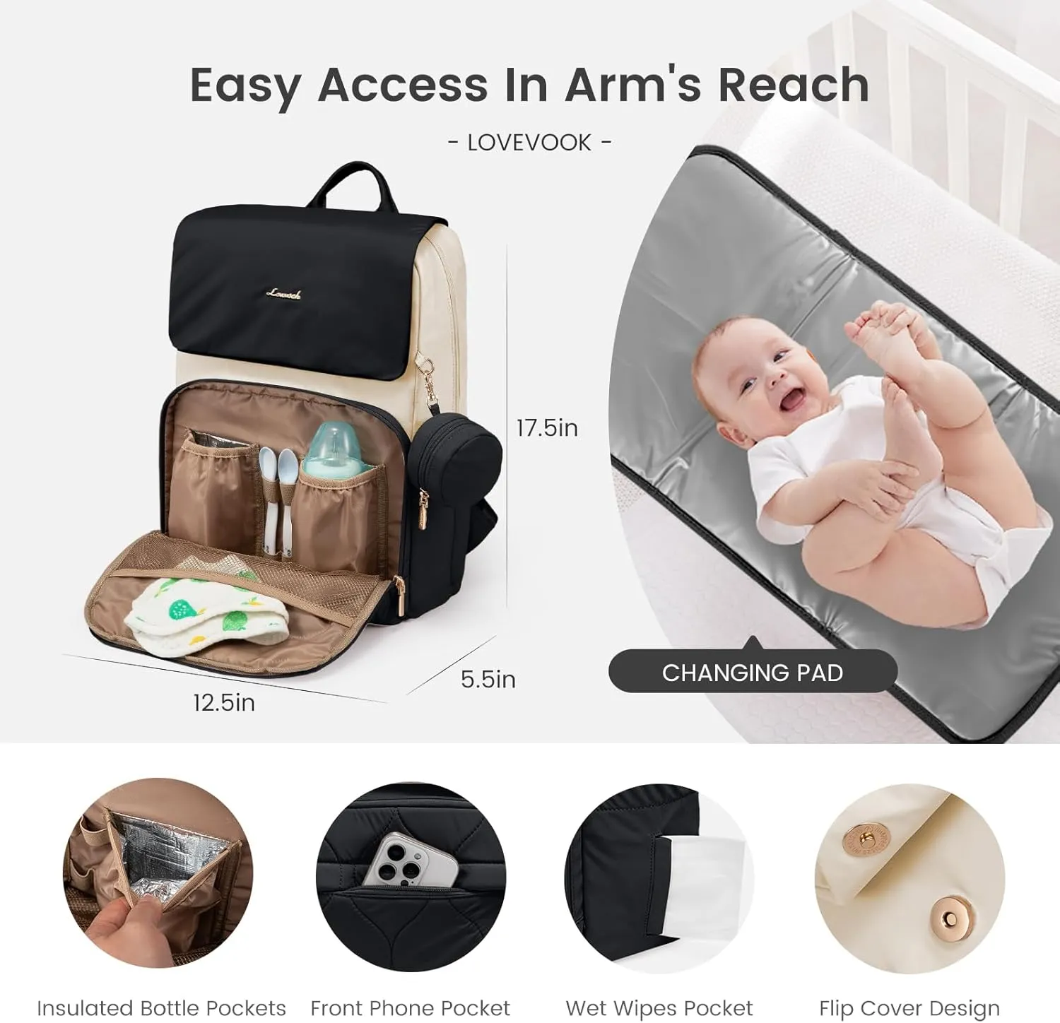 LOVEVOOK Diaper Bag Backpack, Baby Travel Bags for Boys & Girl, Toddler Diaper Bag with Changing Station & Pacifier Case (Black- Beige, 15.6 inch)