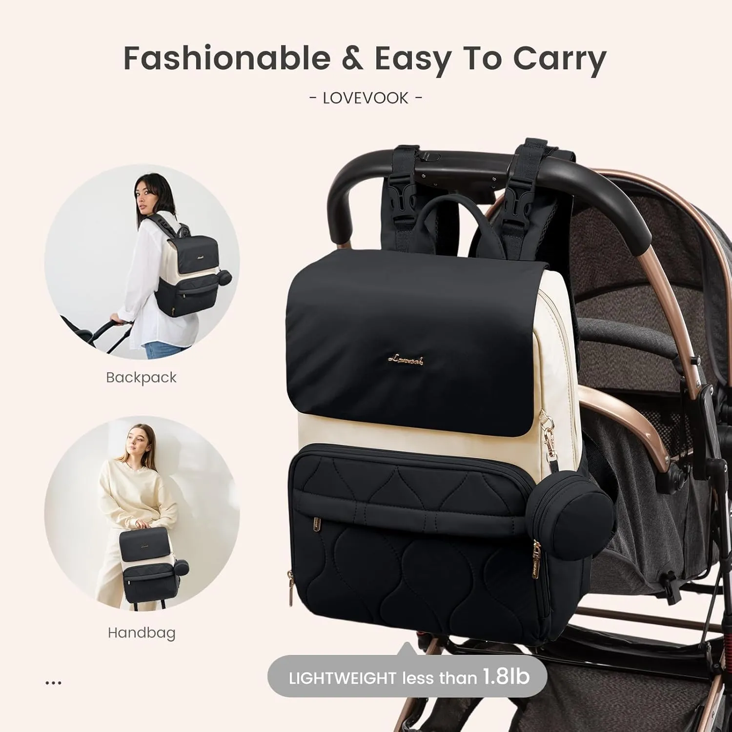 LOVEVOOK Diaper Bag Backpack, Baby Travel Bags for Boys & Girl, Toddler Diaper Bag with Changing Station & Pacifier Case (Black- Beige, 15.6 inch)