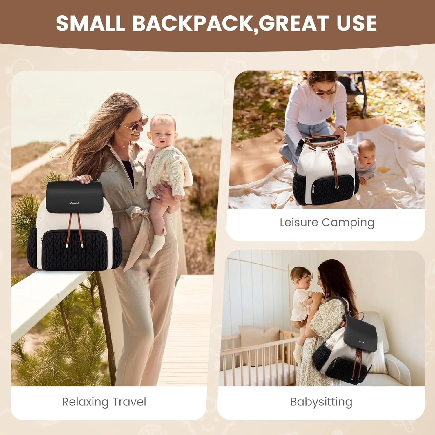 LOVEVOOK Diaper Bag Backpack, Small Baby Bag, Cute Baby Diaper Bag, Stylish Water-Resistant Travel Baby Bag for Mom, Baby Backpack with Changing Pad, Stroller Straps -Black Beige