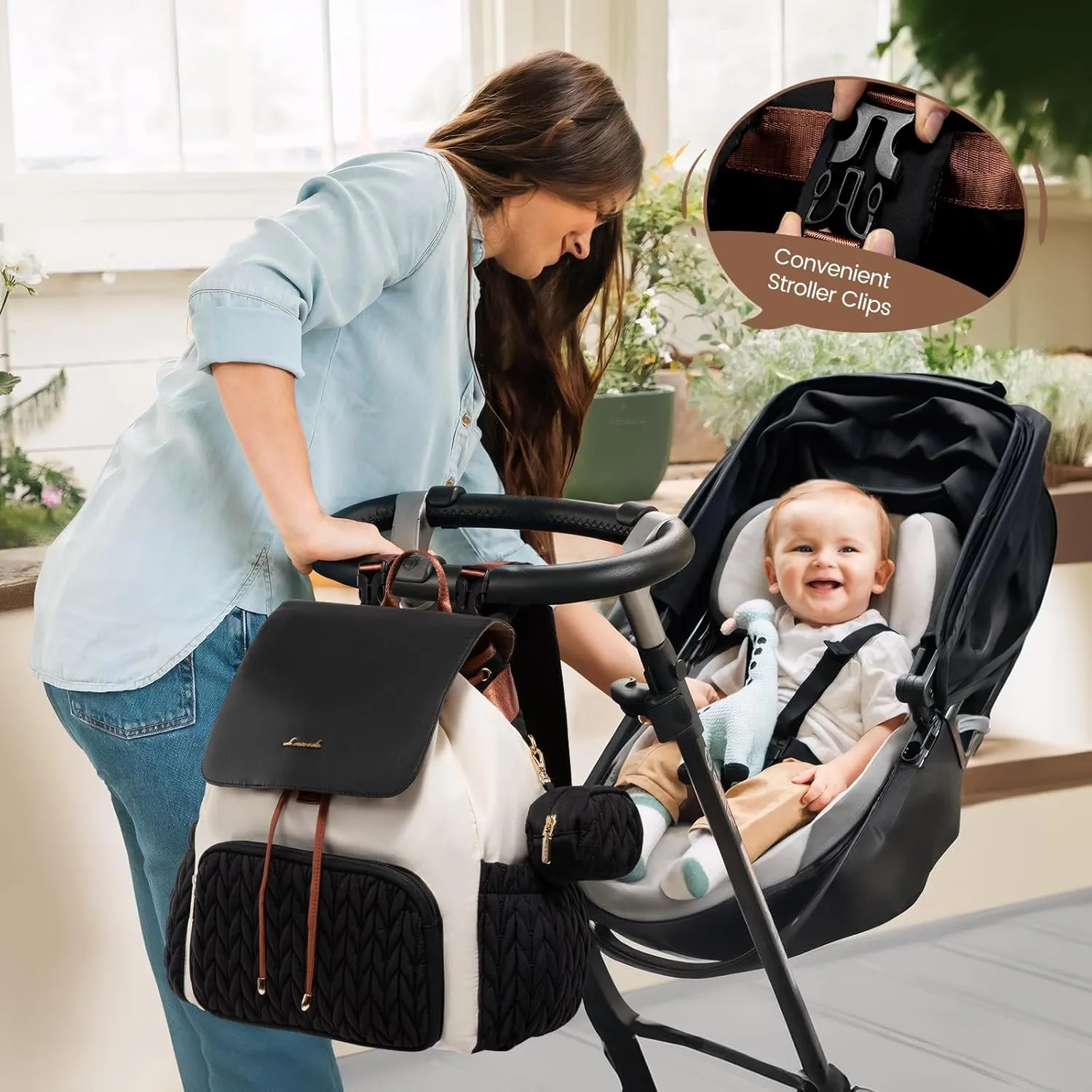 LOVEVOOK Diaper Bag Backpack, Small Baby Bag, Cute Baby Diaper Bag, Stylish Water-Resistant Travel Baby Bag for Mom, Baby Backpack with Changing Pad, Stroller Straps -Black Beige